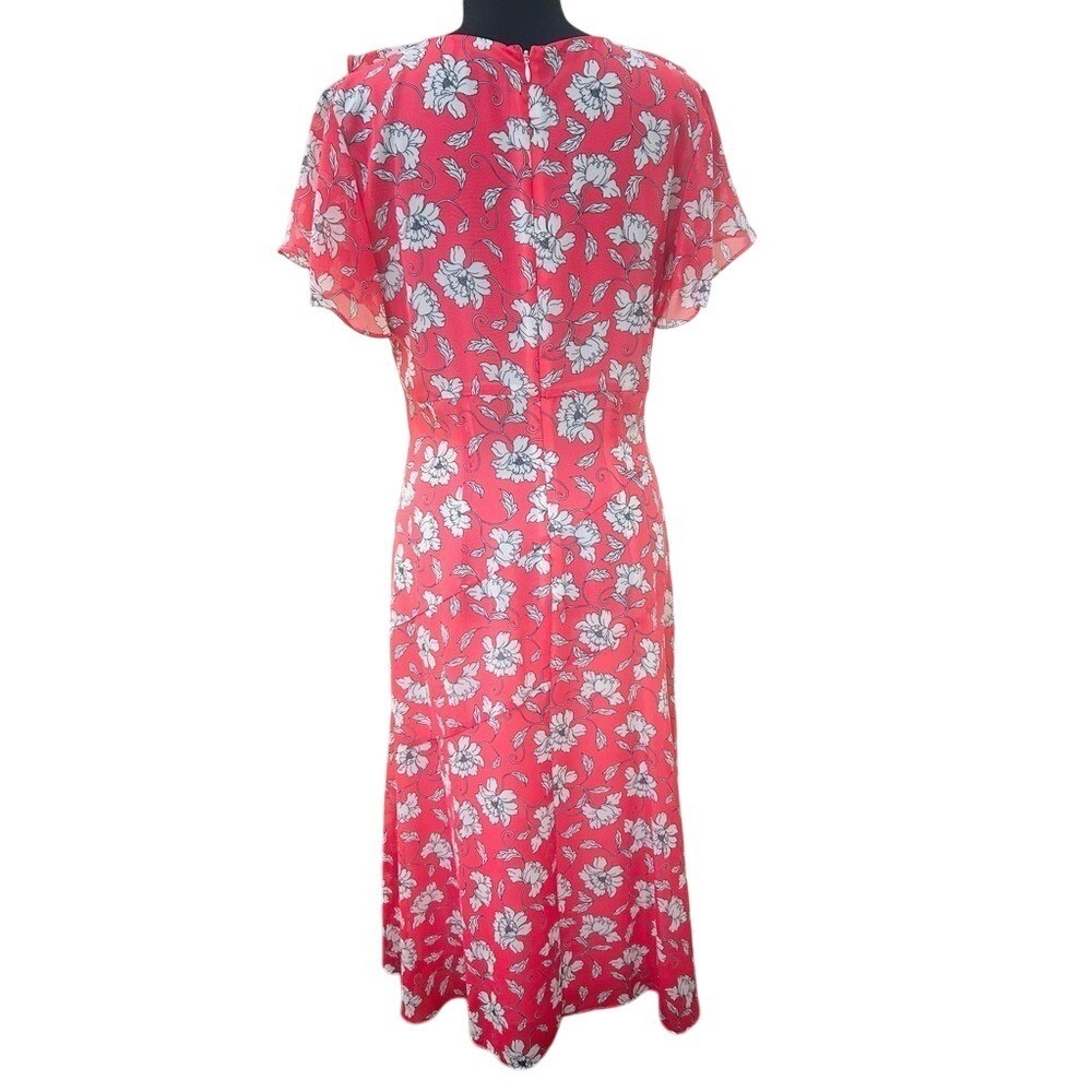 Roz & Ali Red Pink Floral Midi Dress 6 Flutter Sleeve Ruffle V-Neck Cottagecore - Picture 3 of 3